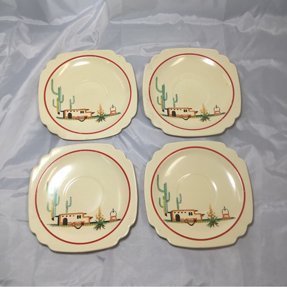 HOMER LAUGHLIN  4 x Arizona Saucers Cactus Red Line Southwest Adobe USA VTG 6”